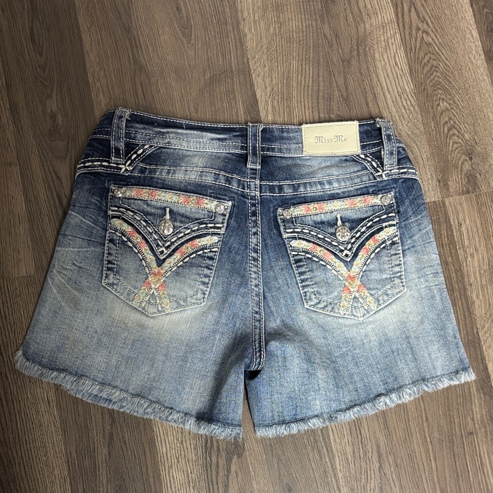 Miss Me Distressed Blue Jean Shorts with Embellished Pockets
